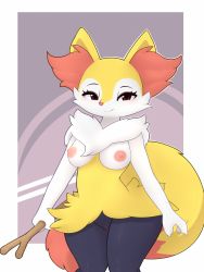 Rule 34 | 1girl, animal ears, blush, border, braixen, breasts, claws, clitoris, creatures (company), fox ears, fox tail, furry, furry female, game freak, gen 6 pokemon, half-closed eyes, highres, looking at viewer, medium breasts, nintendo, nipples, pinkcappachino, pokemon, pokemon (creature), pokemon xy, purple background, pussy, red eyes, simple background, smile, solo, standing, stick, tail, uncensored, white border