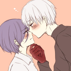 Rule 34 | 1boy, 1girl, bad id, bad pixiv id, black shirt, blush, brown background, closed mouth, colored skin, couple, eye contact, from side, grey hair, grey shirt, hand on another&#039;s chin, hand up, kaneki ken, kirishima touka, long sleeves, looking at another, profile, purple hair, red skin, shirt, short hair, sweat, tokyo ghoul, tokyo ghoul:re, toukaairab