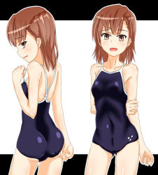Rule 34 | 1girl, adjusting clothes, adjusting swimsuit, arms behind back, back, bad id, bad pixiv id, blue one-piece swimsuit, braid, breasts, brown eyes, brown hair, collarbone, competition school swimsuit, covered navel, cowboy shot, etsuji, french braid, from behind, holding own arm, letterboxed, looking at viewer, misaka mikoto, multiple views, one-piece swimsuit, open mouth, outline, profile, school swimsuit, short hair, simple background, small breasts, standing, strap pull, swimsuit, toaru kagaku no railgun, toaru majutsu no index, white background