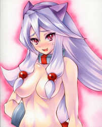 Rule 34 | 1girl, alternate hair color, arcana heart, breasts, calnarsa, fang, hair censor, hair over breasts, inuwaka akane, large breasts, long hair, looking at viewer, marker (medium), millipen (medium), nude, open mouth, red eyes, silver hair, solo, traditional media