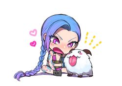 Rule 34 | 1girl, arm tattoo, belt, belt buckle, black eyes, black footwear, blue hair, blush, blush stickers, braid, buckle, gradient hair, headpat, heart, jinx (league of legends), league of legends, leg tattoo, long hair, looking at another, multicolored hair, nose blush, open mouth, poro (league of legends), purple eyes, purple hair, simple background, sitting, standing, tattoo, tongue, tongue out, twintails, white background, wosashimi
