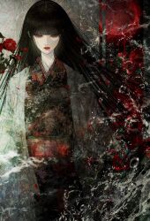 Rule 34 | 1girl, air bubble, black hair, blood, blunt bangs, bubble, bug, butterfly, expressionless, eyelashes, falling petals, floating hair, floral print kimono, flower, fog, full moon, grey eyes, highres, insect, japanese clothes, kimono, leaf, lipstick, long hair, looking at viewer, makeup, moon, original, pale skin, petals, red flower, red lips, red moon, red petals, satsuki kei, sidelocks, solo