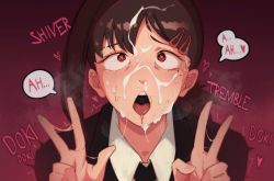 Rule 34 | 1girl, absurdres, ahegao, black jacket, black necktie, brown hair, chainsaw man, collared shirt, cum, cum in nose, cum on hair, double w, facial, female focus, gradient background, hair ornament, hairclip, heart, heart-shaped pupils, higashiyama kobeni, highres, jacket, looking at viewer, necktie, open mouth, portrait, red background, red eyes, shirt, solo, sorapoi, speech bubble, stray pubic hair, sweat, symbol-shaped pupils, teeth, tongue, trembling, upper teeth only, w, white shirt