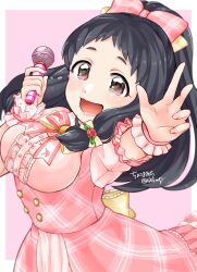 Rule 34 | 1girl, artist name, black hair, blush, border, bow, bowtie, breasts, brown eyes, choko omochi, dot nose, dress, dress bow, flower, frilled dress, frills, from side, hair bow, hair ribbon, hands up, highres, holding, holding microphone, idolmaster, idolmaster cinderella girls, idolmaster cinderella girls starlight stage, large breasts, long hair, looking at viewer, microphone, ohnuma kurumi, open mouth, outside border, pink background, pink bow, pink bowtie, pink dress, pink ribbon, pink scrunchie, plaid, plaid dress, reaching, reaching towards viewer, red flower, red rose, ribbon, rose, scrunchie, short sleeves, smile, solo, tears, twitter username, underbust, upper body, w, wavy mouth, white border, wrist scrunchie, yellow bow, yellow bowtie, yellow ribbon