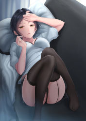 Rule 34 | 1girl, :o, ass, black panties, black skirt, black thighhighs, blanket, blue hair, blush, breasts, cameltoe, collarbone, couch, dark blue hair, garter straps, hand on forehead, hayami kanade, highres, idolmaster, idolmaster cinderella girls, knees up, looking at viewer, lying, medium breasts, on back, on couch, open mouth, panties, parted hair, pillow, shirt, shogun (a96040021), short hair, short sleeves, skirt, solo, thighhighs, underwear, upskirt, waking up, white shirt, yellow eyes