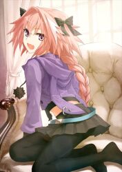 Rule 34 | 1boy, animal ear hood, astolfo (fate), astolfo (memories at trifas) (fate), belt, black bow, black pantyhose, black skirt, blue belt, bow, braid, couch, crop top, cropped jacket, fake animal ears, fang, fate/apocrypha, fate/grand order, fate (series), hair bow, hair intakes, hood, hood down, hooded jacket, jacket, konoe ototsugu, long braid, looking at viewer, looking back, male focus, multicolored hair, on couch, open mouth, pantyhose, pink hair, pleated skirt, pom pom (clothes), purple eyes, purple jacket, single braid, skin fang, skirt, smile, solo, streaked hair, trap, two-tone hair, white hair