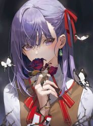Rule 34 | 1girl, blush, brown vest, bug, butterfly, chyoel, earrings, fate/stay night, fate (series), flower, flower over mouth, hair between eyes, hair ribbon, highres, holding, holding flower, homurahara academy school uniform, insect, jewelry, long hair, looking at viewer, matou sakura, neck ribbon, purple eyes, purple hair, red flower, red ribbon, red rose, ribbon, rose, school uniform, shirt, solo, thorns, upper body, vest, white shirt
