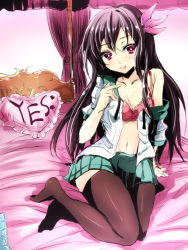 Rule 34 | 10s, 1girl, :p, arm support, bare shoulders, bed, black hair, black thighhighs, blush, bow, bow bra, bra, breasts, canopy bed, collarbone, condom, condom packet strip, condom wrapper, curtains, frilled pillow, frills, full body, gin&#039;ichi (akacia), gradient background, green skirt, hair ornament, head tilt, highres, indoors, kantai collection, kisaragi (kancolle), lace, lace-trimmed bra, lace trim, long hair, looking at viewer, miniskirt, naughty face, navel, off shoulder, on bed, open clothes, open shirt, parted bangs, pillow, pink eyes, pleated skirt, red bra, school uniform, serafuku, shirt, short sleeves, sitting, sketch, skirt, smile, solo, suggestive fluid, thighhighs, tongue, tongue out, tsurime, underwear, untied, very long hair, yes-no pillow, yokozuwari, zettai ryouiki