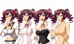 Rule 34 | 1girl, :p, asahina rin, blush, breasts, brown hair, cleavage, costume chart, detached collar, drill hair, elbow gloves, finger to mouth, gloves, grin, hair ribbon, ichimedoo, idolmaster, idolmaster relations, maid, midriff, naughty face, navel, no nipples, nude, open mouth, purple eyes, ribbon, simple background, smile, sweatdrop, tongue, tongue out, twintails
