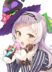 Rule 34 | 1girl, blunt bangs, blush, circle cut, comiket 96, commentary request, flower, food, gloves, hair bun, hair ornament, hat, highres, hololive, ice cream, long hair, looking at viewer, murasaki shion, murasaki shion (1st costume), official art, pinstripe pattern, pinstripe shirt, portrait, shirt, silver hair, simple background, single hair bun, single side bun, solo, striped clothes, striped shirt, tam-u, vertical-striped clothes, vertical-striped shirt, virtual youtuber, white background, witch hat, yellow eyes