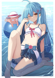 Rule 34 | 1girl, ahoge, antenna hair, arm support, ball, barefoot, beachball, bikini, bikini skirt, blue bow, blue hair, blue skirt, border, bow, cat, closed mouth, collarbone, commentary, facial scar, fingernails, flower, fortissimo, full body, hair between eyes, hair ornament, hand up, head tilt, highres, knee up, long hair, looking at viewer, mahcdai, musical note, musical note hair ornament, navel, o o, ocean, off shoulder, one eye closed, original, outdoors, outside border, planol note, reclining, red bow, red flower, scar, scar on cheek, scar on face, sidelocks, skirt, smile, stomach, swimsuit, twintails, white bikini, white border, white headwear, white skirt, yellow eyes