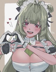 Rule 34 | 1girl, antenna hair, apron, arm cuffs, ascot, black gloves, black ribbon, blush, breasts, button gap, chest strap, cleavage, collarbone, detached collar, double bun, elisuki ren, frills, gloves, goddess of victory: nikke, green ascot, green hair, hair bun, hair ornament, hair ribbon, hairclip, heart, heart hands, highres, huge breasts, large breasts, long hair, maid, maid apron, maid headdress, pink eyes, ribbon, sleeveless, smile, soda (nikke), solo, two-tone gloves, upper body, white gloves