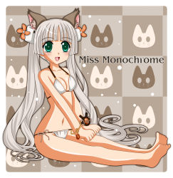 Rule 34 | 10s, 1girl, animal ears, bikini, cat ears, checkered background, green eyes, highres, leonard liew, long hair, miss monochrome, miss monochrome (character), silver hair, solo, swimsuit, twintails