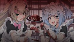 Rule 34 | 2girls, :d, absurdres, alternate costume, animal ears, apron, back bow, blank eyes, blonde hair, blood, blue bow, blue bowtie, blue eyes, blue hair, bow, bowtie, cup, enmaided, fang, food, fork, fuura yuri, green eyes, hair ornament, highres, holding, holding cup, holding fork, holding plate, holding tray, maid, maid headdress, multicolored hair, multiple girls, open mouth, organs, phase connect, pink bow, pink bowtie, pink hair, plate, pov, rinkou ashelia, smile, star (symbol), star hair ornament, streaked hair, tail, teacup, tiger ears, tiger girl, tiger tail, tray, upper body, valefal coneri, virtual youtuber, white apron, white wrist cuffs, wrist cuffs, x hair ornament