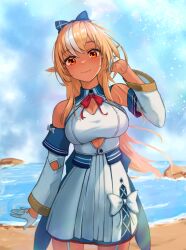 Rule 34 | 1girl, beach, blonde hair, bow, breasts, commentary, cowboy shot, dark-skinned female, dark skin, detached sleeves, dress, elf, gloves, half gloves, highres, hololive, large breasts, long hair, ocean, orange eyes, phos, pointy ears, ponytail, shiranui flare, shiranui flare (1st costume), smile, solo, virtual youtuber, white dress