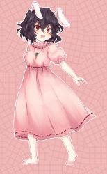 Rule 34 | 1girl, animal ears, bad id, bad pixiv id, barefoot, black hair, rabbit ears, carrot, carrot necklace, dress, female focus, highres, inaba tewi, jewelry, necklace, open mouth, pendant, red eyes, short hair, smile, solo, touhou, uranaishi (miraura)