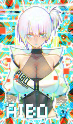 Rule 34 | 1girl, absurdres, aibo (robot), bare shoulders, blue eyes, blue lips, breasts, character name, cleavage, closed mouth, eyeshadow, gorgeous mushroom, highres, large breasts, lipstick, looking at viewer, makeup, one side up, original, pink hair, solo, star-shaped pupils, star (symbol), symbol-shaped pupils, upper body, white hair