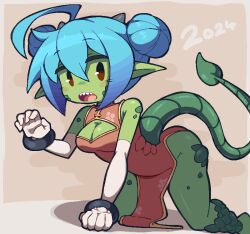Rule 34 | 1girl, 2024, ahoge, all fours, average-hanzo, blue hair, breasts, china dress, chinese clothes, cleavage, cleavage cutout, clothing cutout, colored skin, double bun, dress, elbow gloves, gloves, green skin, hair between eyes, hair bun, looking at viewer, medium breasts, monster girl, no sclera, open mouth, original, pelvic curtain, pointy ears, red dress, red eyes, reptile girl, sharp teeth, short hair, solo, tail, tail through clothes, teeth, upper teeth only, white gloves