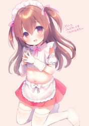 Rule 34 | 1girl, :d, apron, bow, brown background, brown hair, commentary request, crop top, detached sleeves, hair between eyes, hair bow, highres, kneeling, long hair, looking at viewer, maid headdress, midriff, navel, no shoes, open mouth, original, pink bow, puffy short sleeves, puffy sleeves, red eyes, red skirt, shirt, short sleeves, simple background, skirt, smile, solo, steepled fingers, thighhighs, translation request, two side up, usashiro mani, waist apron, white apron, white bow, white shirt, white sleeves, white thighhighs, wrist cuffs
