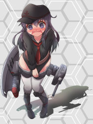 Rule 34 | 1girl, @ @, akatsuki (kancolle), akatsuki (warship girls r), akatsuki (zhan jian shao nyu) (cosplay), armor, armored boots, belt, black hat, black shirt, blush, boots, bottomless, cannon, cosplay, covering privates, embarrassed, full body, grey background, hat, historical name connection, kantai collection, long hair, long sleeves, machinery, name connection, no pants, open mouth, panties, purple eyes, purple hair, remodel (kantai collection), remodel (warship girls r), sailor collar, shirt, shirt tug, solo, standing, thighhighs, torpedo, turret, underwear, warship girls r, wavy mouth, white panties, white thighhighs, yukimi unagi