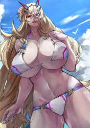 Rule 34 | 1girl, abs, absurdres, bare shoulders, barghest (fate), barghest (swimsuit archer) (fate), bikini, blonde hair, blue sky, breasts, cleavage, collarbone, fate/grand order, fate (series), green eyes, gumi (the eye of darkness), highres, horns, huge breasts, long hair, looking at viewer, multicolored bikini, multicolored clothes, muscular, muscular female, navel, open mouth, sky, smile, solo, swimsuit, thick thighs, thighs, white bikini