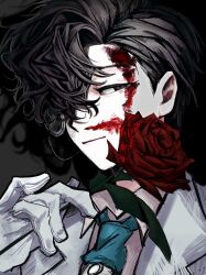 1boy aqua_necktie beijingban18388 black_background black_eyes black_hair blood blood_on_face chinese_commentary closed_mouth collared_shirt commentary_request flower gloves hair_over_one_eye highres holding holding_flower identity_v jacket lapels male_focus necktie notched_lapels open_clothes open_jacket orpheus_(identity_v) portrait red_flower red_rose rose shirt solo variant_set white_gloves white_jacket white_shirt