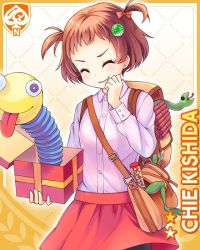 Rule 34 | 1girl, bag, brown hair, card, character name, closed eyes, frog, girlfriend (kari), hand on own face, kishida chie, official art, orange background, pink shirt, qp:flapper, red skirt, shirt, skirt, smile, snake, solo, strap, tagme, teeth, toy, twintails, white shirt, yellow eyes