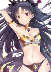 Rule 34 | 1girl, absurdres, arm up, armpits, black bow, black hair, black panties, blurry, blush, bow, breasts, cleavage, closed mouth, collarbone, cowboy shot, depth of field, detached collar, earrings, fate/grand order, fate (series), hair bow, highres, hoop earrings, ishtar (fate), jewelry, long hair, looking at viewer, medium breasts, navel, panties, parted bangs, petals, red eyes, smile, solo, tohsaka rin, tsurime, two side up, underwear, upper body, yoshida iyo