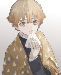 Rule 34 | 1boy, agatsuma zenitsu, bad id, bad pixiv id, blonde hair, brown eyes, crying, crying with eyes open, eyelashes, fingernails, food, gradient background, hair between eyes, holding, holding food, kimetsu no yaiba, light particles, male focus, onigiri, open mouth, patterned, patterned clothing, rice, slit pupils, soji 777, solo, tears, teeth, triangle, upper body