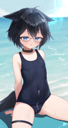 Rule 34 | 1girl, ahoge, animal collar, animal ear fluff, animal ears, beach, black hair, blue eyes, blush, breasts, collar, cum, cum on clothes, double-parted bangs, ears down, glasses, hair ornament, highres, looking down, navel, original, school swimsuit, sese nagi, sitting, small breasts, solo, sweat, swimsuit, tail, thighs, wariza