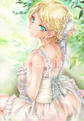 Rule 34 | 1girl, aqua eyes, arm behind head, arm up, artist name, ass, at classics, bare arms, blonde hair, breasts, closed mouth, from behind, large breasts, long hair, looking at viewer, looking back, original, sample watermark, see-through, sitting, solo, traditional media, wariza, watermark