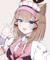 Rule 34 | 1girl, :d, animal ear fluff, animal ears, blue eyes, bow, braid, breasts, cat ears, cat girl, green eyes, happy, heterochromia, highres, honkai (series), honkai impact 3rd, light brown hair, maid, maid headdress, medium breasts, nail polish, necktie, official alternate costume, open hand, open mouth, pardofelis (honkai impact), pink necktie, purple bow, simple background, smile, solo, tdatnst, upper body