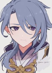 Rule 34 | 1boy, blue hair, closed mouth, cropped shoulders, genshin impact, grey background, hair between eyes, high collar, highres, japanese clothes, kamisato ayato, male focus, mole, mole under mouth, purple eyes, simple background, solo, twitter username, yamu gnsn