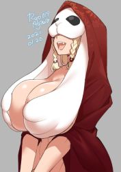 Rule 34 | 1girl, 2021, agawa ryou, artist name, blonde hair, braid, breasts, cleavage, commentary, covered eyes, fangs, grey background, huge breasts, long hair, original, signature, simple background, solo