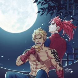 Rule 34 | 2boys, abs, beowulf (fate), blonde hair, chinese clothes, closed eyes, eating, facial hair, falling petals, fate/grand order, fate (series), food, full moon, goatee, highres, holding, holding food, li shuwen (fate), li shuwen (young) (fate), long hair, long sleeves, looking ahead, male focus, mid-autumn festival, moon, mooncake, multiple boys, muscular, muscular male, night, night sky, open mouth, pectorals, petals, ponytail, red eyes, red hair, scar, short hair, sky, smile, tattoo, topless male, tsukimi, upper body, yaekaidou