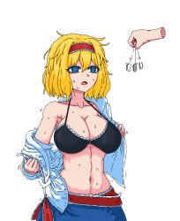 Rule 34 | 1girl, @ @, alice margatroid, black bra, blonde hair, blue eyes, blue skirt, bra, breasts, commentary request, formicid, frilled hairband, frills, frown, hair between eyes, hairband, hypnosis, korean commentary, large breasts, lolita hairband, medium hair, messy hair, mind control, open clothes, open mouth, red hairband, shirt, simple background, skirt, sweat, touhou, underwear, undressing, upper body, white background, white shirt