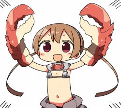 Rule 34 | 10s, 1girl, arthropod girl, bare shoulders, brown hair, character request, crab claw, crab girl, kanikama, lowres, navel, open mouth, original, red eyes, simple background, solo, stomach, upper body, white background, wixoss