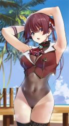 Rule 34 | 1girl, absurdres, bare shoulders, blush, breasts, cleavage, hair ribbon, heterochromia, highres, hololive, houshou marine, houshou marine (1st costume), jikatarou, large breasts, long hair, looking at viewer, open mouth, red eyes, red hair, red ribbon, ribbon, see-through, see-through cleavage, solo, thighs, twintails, virtual youtuber, yellow eyes