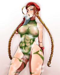 Rule 34 | 1girl, abs, ahoge, beret, blonde hair, blue eyes, blush, bodypaint, braid, breasts, cammy white, collarbone, covered erect nipples, cowboy shot, curvy, female focus, gauntlets, gradient background, groin, hat, heavy breathing, highleg, highleg leotard, highres, hot, huge ahoge, kanta (k n t r o), large breasts, leotard, long hair, looking to the side, low twintails, nipples, open mouth, scar, see-through, shiny skin, solo, steam, street fighter, sweat, taut clothes, thick thighs, thighs, tight clothes, toned, towel, twin braids, twintails, wet, wet clothes, wide hips