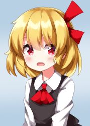Rule 34 | 1girl, ascot, black vest, blonde hair, blue background, blush, collared shirt, commentary, eyes visible through hair, hair between eyes, hair ribbon, highres, long sleeves, open mouth, red ascot, red eyes, red ribbon, ribbon, rumia, ruu (tksymkw), shirt, short hair, simple background, solo, split mouth, touhou, upper body, vest, white shirt