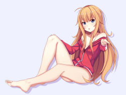Rule 34 | 10s, 1girl, bare shoulders, barefoot, blonde hair, blue background, blush, bottomless, breasts, collarbone, feet, from side, full body, gabriel dropout, gabriel tenma white, hand on own knee, head tilt, huan (hao7551789), jacket, long hair, looking at viewer, messy hair, naked jacket, no bra, no panties, open mouth, purple eyes, red jacket, silhouette, simple background, sitting, small breasts, solo, toes, track jacket, very long hair