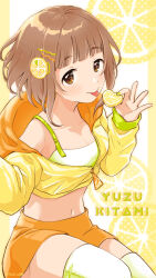 Rule 34 | 1girl, blunt bangs, blush, breasts, brown eyes, brown hair, character name, cleavage, collarbone, crop top, cropped hoodie, cropped shirt, dot nose, food, food-themed hair ornament, from side, fruit, fruit background, green nails, hair ornament, hairclip, highres, holding, holding food, holding fruit, hood, hood down, hoodie, idolmaster, idolmaster cinderella girls, idolmaster cinderella girls starlight stage, kitami yuzu, lemon, lemon hair ornament, lemon slice, long sleeves, looking at viewer, medium breasts, midriff, miniskirt, mitsuyahachiko, navel, orange skirt, polka dot, polka dot background, shirt, short hair, single off shoulder, sitting, skirt, smile, solo, thighhighs, tongue, tongue out, twitter username, two-tone hoodie, white shirt, white thighhighs, yellow background, zettai ryouiki