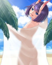Rule 34 | 1girl, :d, beach, blue eyes, blue sky, breasts, cloud, cowboy shot, day, fangs, fate/grand order, fate (series), from behind, head tilt, horns, jibako, looking at viewer, ocean, open mouth, outdoors, palm tree, purple hair, see-through silhouette, short hair, shuten douji (fate), skin fangs, sky, small breasts, smile, solo, standing, sunlight, tree