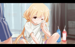 Rule 34 | 1girl, blonde hair, bottle, brown eyes, commentary request, fugo, futaba anzu, idolmaster, idolmaster cinderella girls, indoors, letterboxed, long hair, low twintails, mirror, one eye closed, parted lips, shirt, shorts, sitting, sketch, solo, sweat, t-shirt, twintails, water bottle, wiping sweat