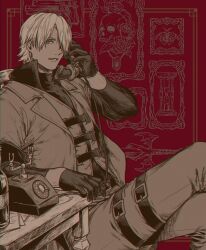Rule 34 | 1boy, antique phone, black gloves, black shirt, bottle, cowboy shot, crossed legs, dante (devil may cry), dbox 2525, devil may cry (series), gloves, hair over one eye, highres, holding, holding phone, jacket, long sleeves, looking at viewer, male focus, pants, parted lips, phone, red background, rotary phone, shirt, short hair, sitting, solo, thigh strap, waistcoat