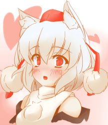 Rule 34 | 1girl, animal ears, blush, chus, female focus, hat, heart, inubashiri momiji, open mouth, pom pom (clothes), red eyes, short hair, solo, surprised, tokin hat, touhou, turtleneck, upper body, white hair, wolf ears
