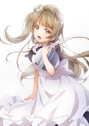 Rule 34 | 1girl, absurdres, ahoge, apron, birthday, commentary, highres, konro kai, light brown hair, long hair, looking at viewer, love live!, love live! school idol project, maid, maid apron, maid headdress, minami kotori, one side up, sidelocks, solo, tray, twitter username, wonder zone, yellow eyes