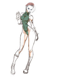 Rule 34 | 1girl, ahoge, bare legs, bare shoulders, blue eyes, boots, braid, cammy white, contrapposto, curvy, fingerless gloves, full body, gloves, hayakawa sonchou, huge ahoge, knee boots, leotard, long hair, muscular, narrow waist, partially colored, scar, sketch, solo, standing, street fighter, thong leotard, twin braids, very long hair, wide hips