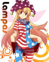 Rule 34 | 1girl, american flag dress, american flag legwear, blonde hair, clownpiece, fairy wings, hat, jester cap, kotomuke fuurin, long hair, looking at viewer, pantyhose, red eyes, simple background, smile, solo, star (symbol), striped clothes, striped pantyhose, touhou, very long hair, wings
