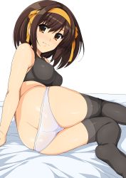 Rule 34 | 1girl, absurdres, ass, bare shoulders, bed sheet, black tank top, black thighhighs, blush, breasts, brown eyes, brown hair, closed mouth, hair ornament, hairband, haruhisky, highres, looking at viewer, medium breasts, panties, shiny clothes, shiny skin, short hair, simple background, sitting, sleeveless, smile, solo, suzumiya haruhi, suzumiya haruhi no yuuutsu, tank top, thighhighs, thighs, underwear, white background, white panties